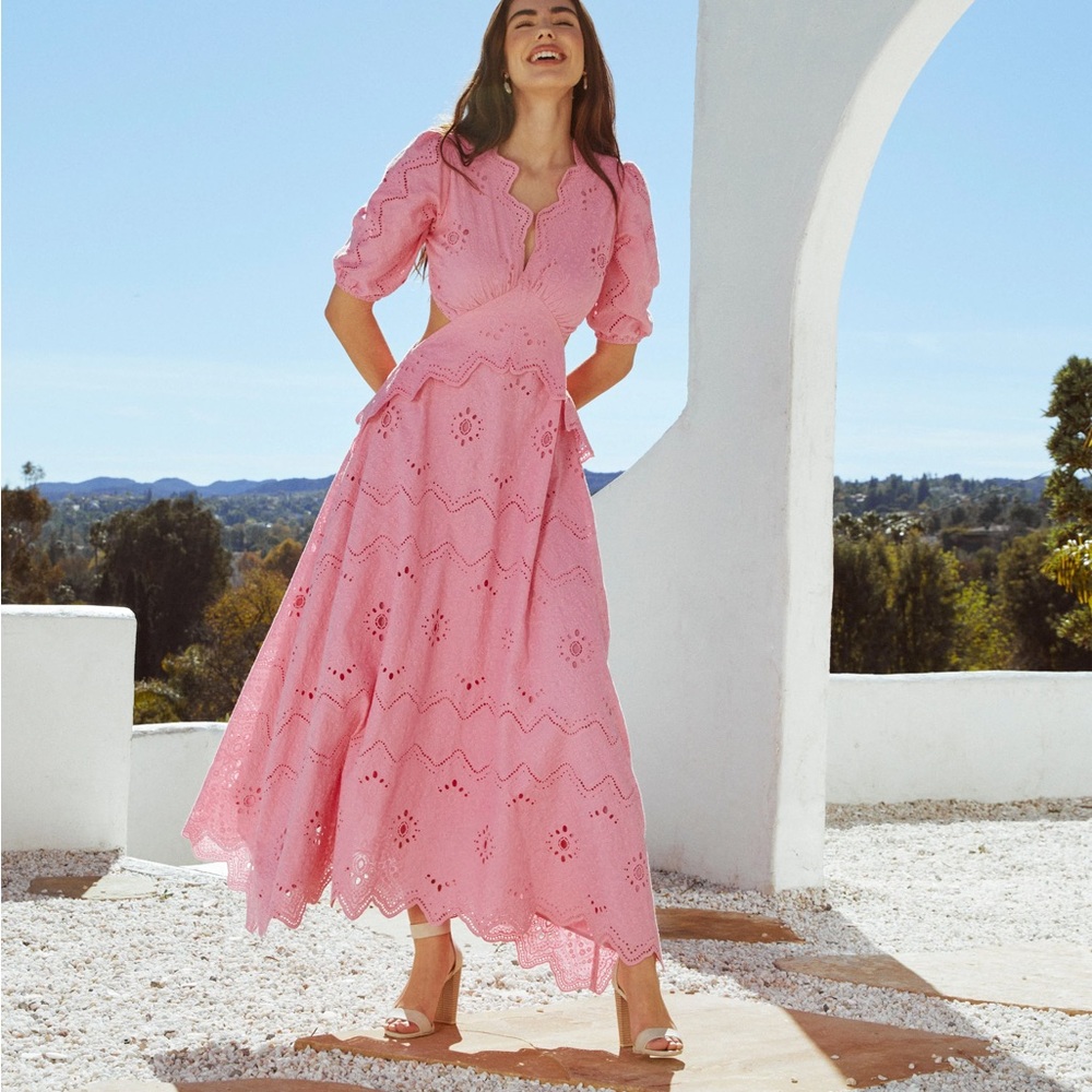 EUC FORE Demure Puff Sleeve Pink Eyelet Cutout Maxi Dress